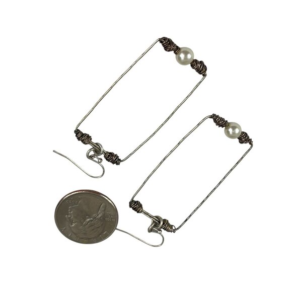 Handcrafted Wire & Pearl Rectangular Dangle Earrings - Picture 8 of 8